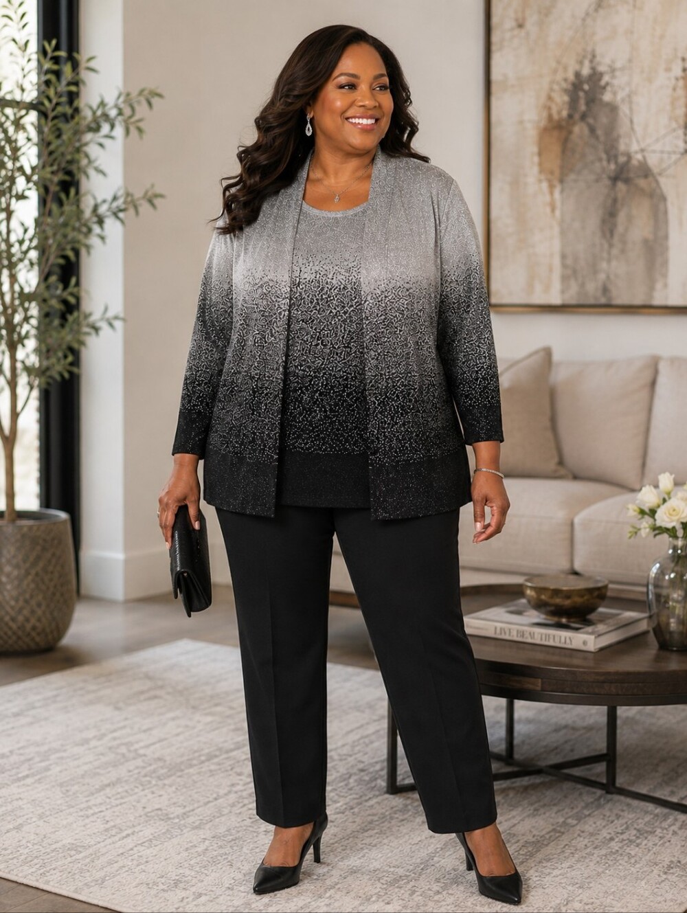 ALFRED DUNNER Ombre Metallic Sparkle Open Front Cardigan Sweater Layered Look